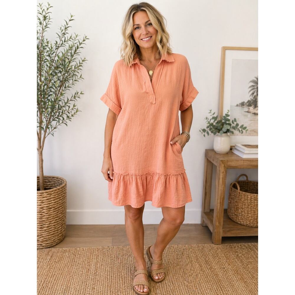 In February Dusty Salmon Cotton Gauze Shift Dress Ruffle Hem Size L 🌼